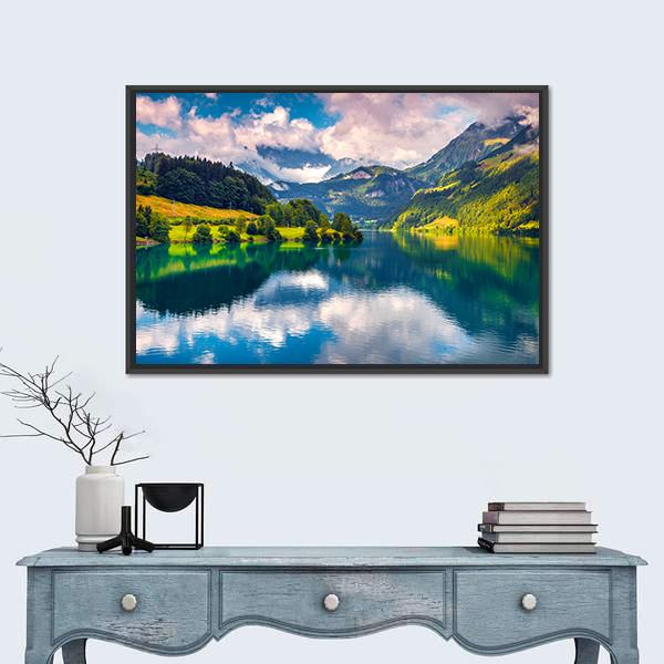 Summer Morning On Lungerersee Lake Canvas Wall Art-1 Piece-Floating Frame-24" x 16"-Tiaracle