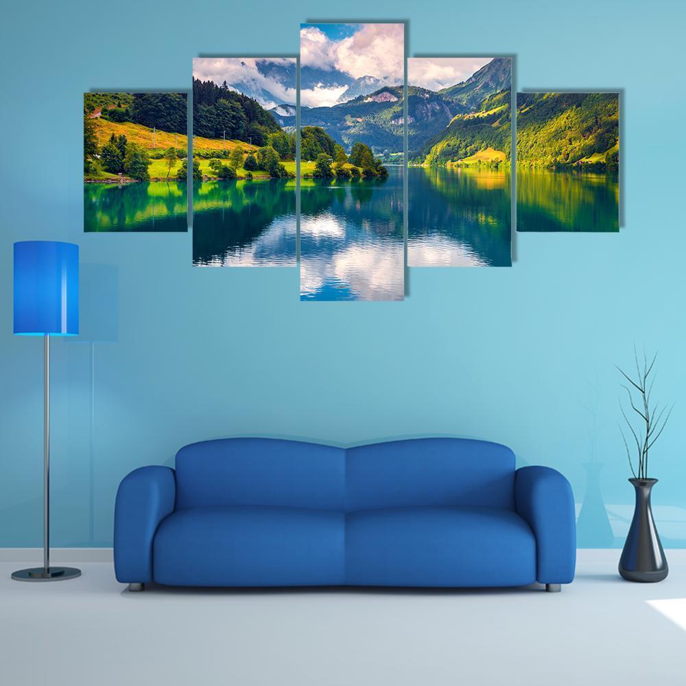 Summer Morning at Mountain Lake Canvas Wall Art in green and blue, 5 panel Star layout hung on a wall