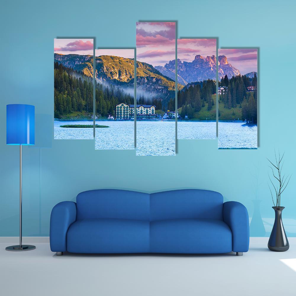 Summer Morning On The Lake Misurina Canvas Wall Art-5 Pop-Gallery Wrap-47" x 32"-Tiaracle