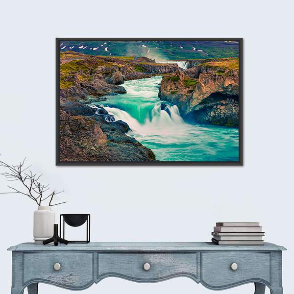 Summer Morning Scene On Godafoss Waterfall Canvas Wall Art-1 Piece-Floating Frame-24" x 16"-Tiaracle