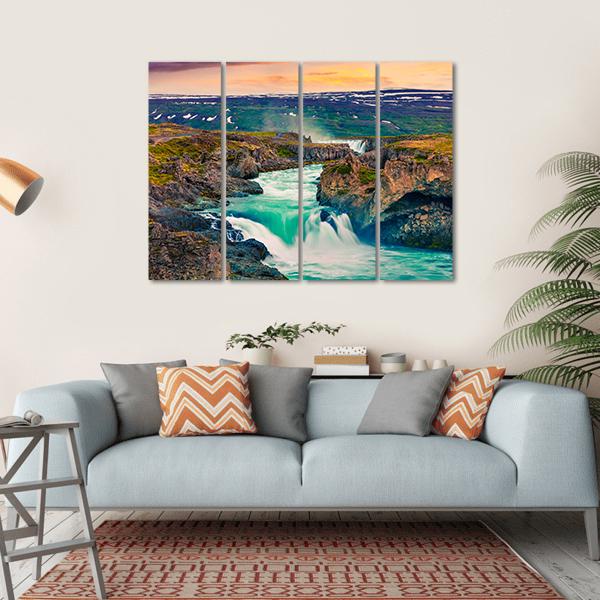 Summer Morning Scene On Godafoss Waterfall Canvas Wall Art-4 Horizontal-Gallery Wrap-34" x 24"-Tiaracle