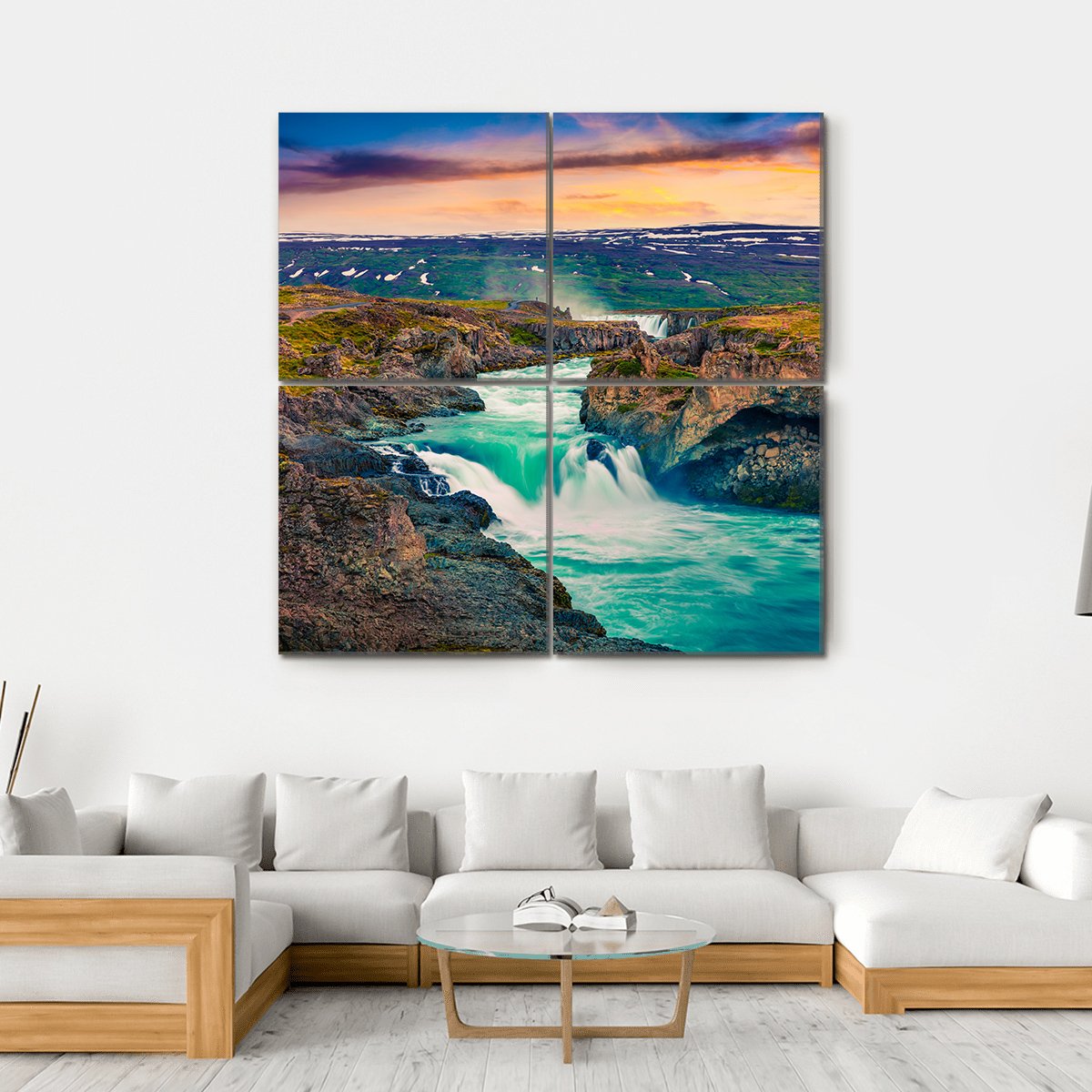 Summer Morning Scene On Godafoss Waterfall Canvas Wall Art-4 Square-Gallery Wrap-17" x 17"-Tiaracle