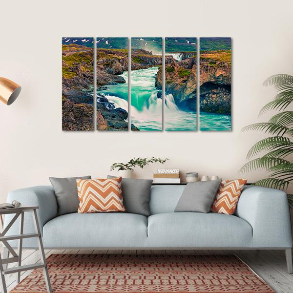 Summer Morning Scene On Godafoss Waterfall Canvas Wall Art-5 Horizontal-Gallery Wrap-22" x 12"-Tiaracle