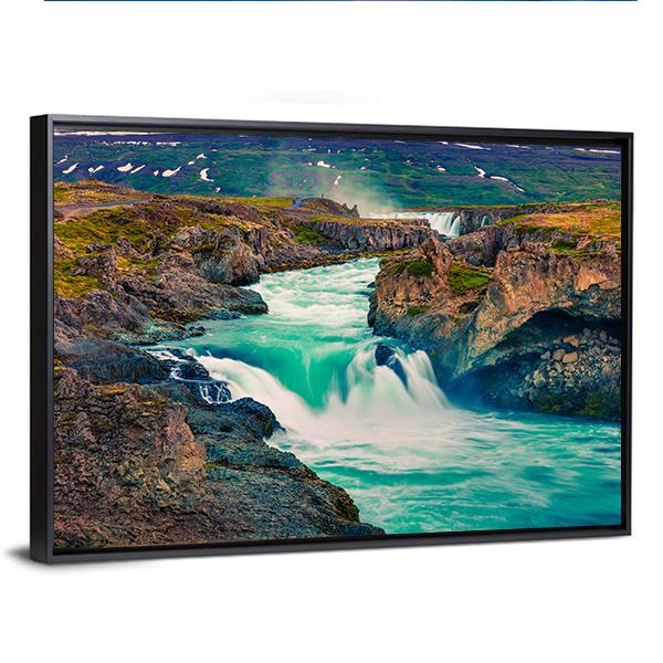Summer Morning Scene On Godafoss Waterfall Canvas Wall Art-3 Horizontal-Gallery Wrap-25" x 16"-Tiaracle