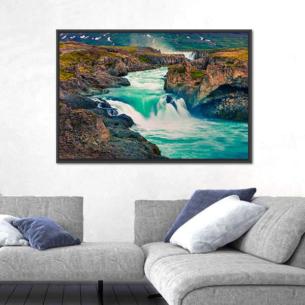 Summer Morning Scene On Godafoss Waterfall Canvas Wall Art-3 Horizontal-Gallery Wrap-25" x 16"-Tiaracle