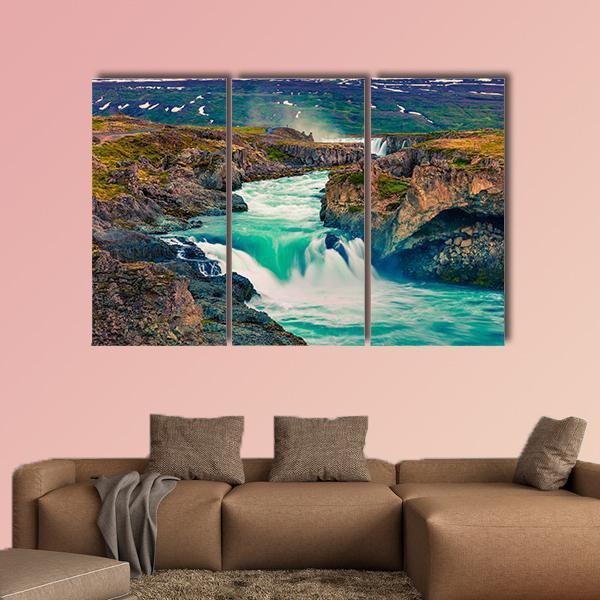 Summer Morning Scene On Godafoss Waterfall Canvas Wall Art-3 Horizontal-Gallery Wrap-25" x 16"-Tiaracle