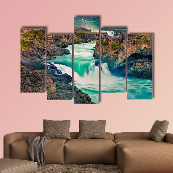 Summer Morning Scene On Godafoss Waterfall Canvas Wall Art-5 Pop-Gallery Wrap-47" x 32"-Tiaracle