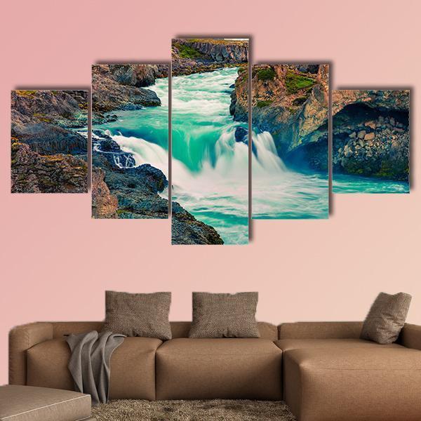 Summer Morning Scene On Godafoss Waterfall Canvas Wall Art-5 Star-Gallery Wrap-62" x 32"-Tiaracle