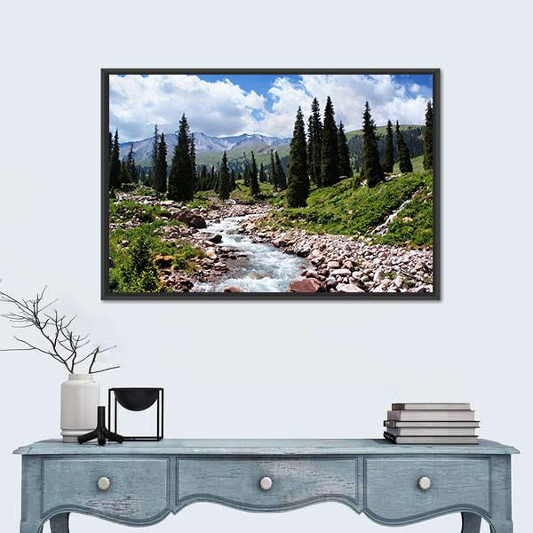 Summer Mountain Valley Kazakhstan Canvas Wall Art-1 Piece-Floating Frame-24" x 16"-Tiaracle