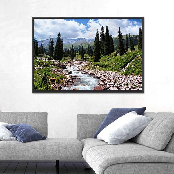 Summer Mountain Valley Kazakhstan Canvas Wall Art-3 Horizontal-Gallery Wrap-25" x 16"-Tiaracle