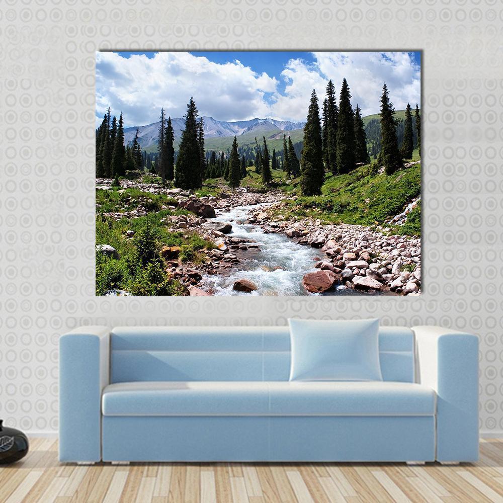 Summer Mountain Valley Kazakhstan Canvas Wall Art-1 Piece-Gallery Wrap-48" x 32"-Tiaracle