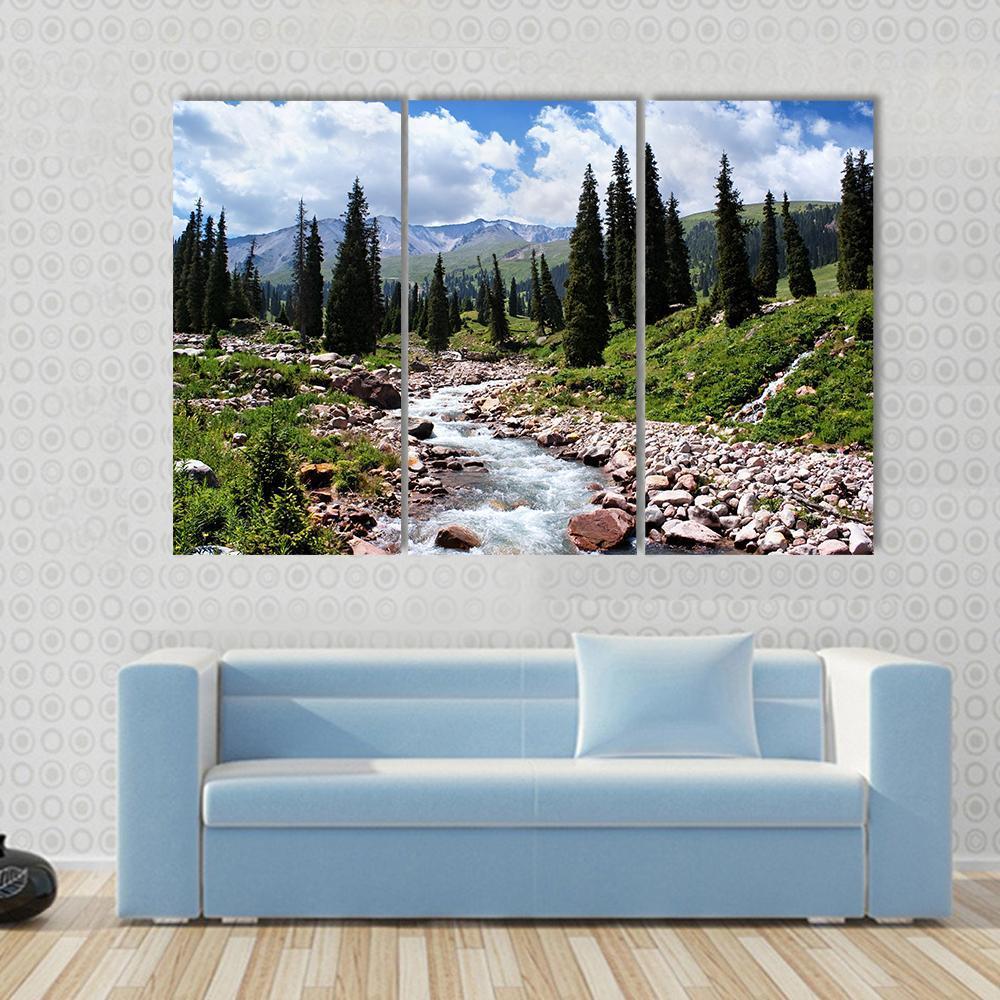 Summer Mountain Valley Kazakhstan Canvas Wall Art-3 Horizontal-Gallery Wrap-37" x 24"-Tiaracle
