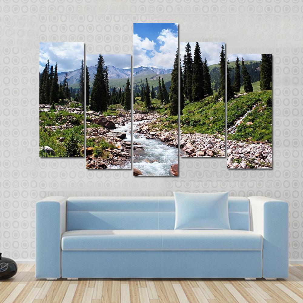 Summer Mountain Valley Kazakhstan Canvas Wall Art-5 Pop-Gallery Wrap-47" x 32"-Tiaracle