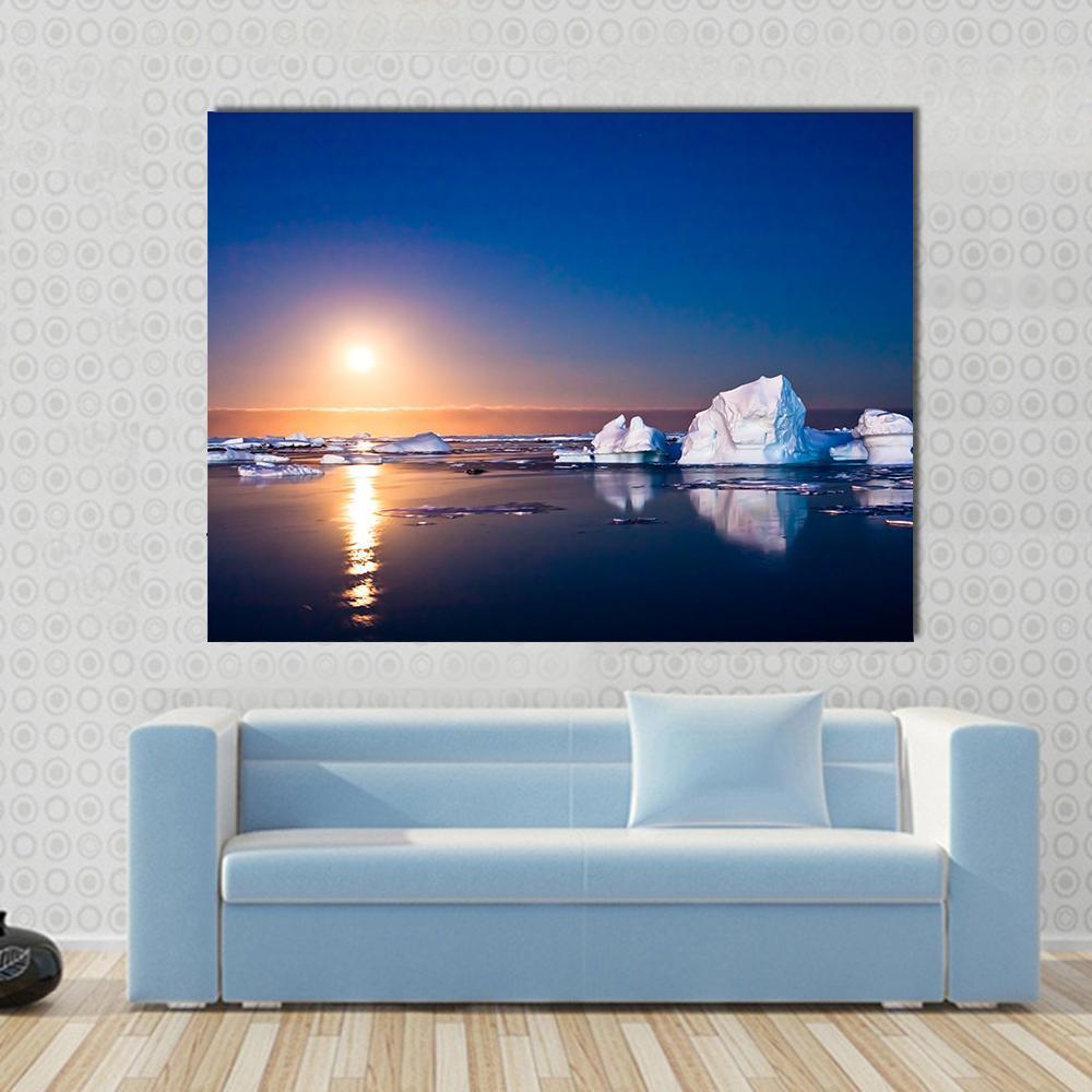 Summer Night In Antarctica Icebergs Floating In The Moonlight Canvas Wall Art-1 Piece-Gallery Wrap-48" x 32"-Tiaracle