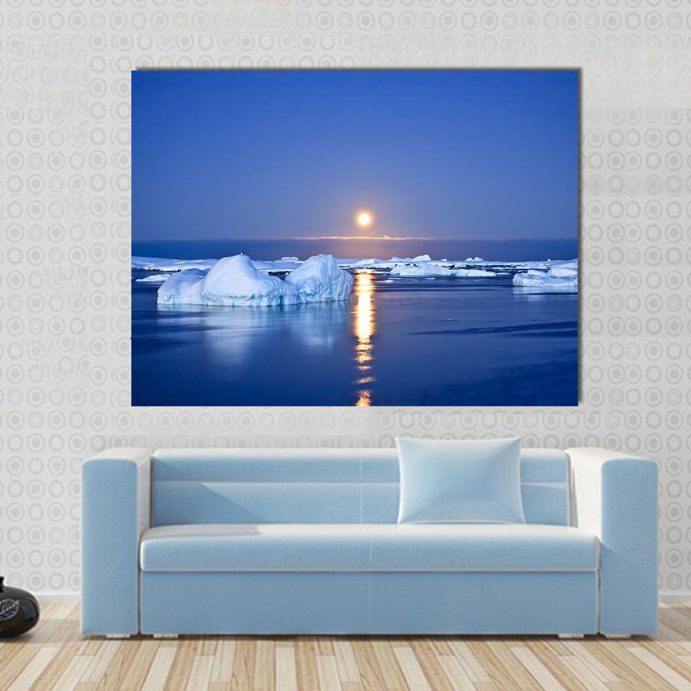 Summer Night Antarctica Canvas Wall Art in white and blue, single panel hung on a wall