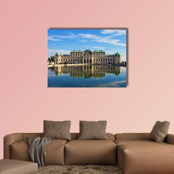 Belvedere Summer Palace, Vienna Canvas Wall Art in beige and blue, single panel hung on a wall