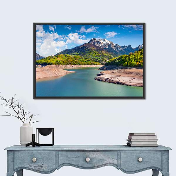 Summer Panorama Of The Lac du Sautet Lake Canvas Wall Art-1 Piece-Floating Frame-24" x 16"-Tiaracle