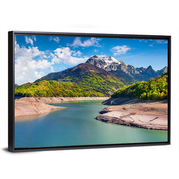 Summer Panorama Of The Lac du Sautet Lake Canvas Wall Art-3 Horizontal-Gallery Wrap-25" x 16"-Tiaracle