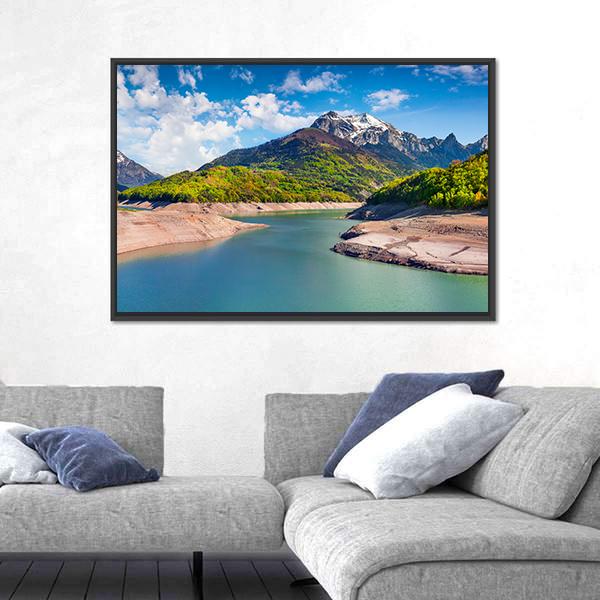 Summer Panorama Of The Lac du Sautet Lake Canvas Wall Art-3 Horizontal-Gallery Wrap-25" x 16"-Tiaracle