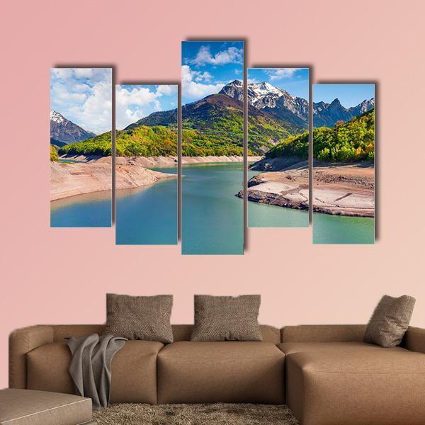 Summer Panorama Of The Lac du Sautet Lake Canvas Wall Art-5 Pop-Gallery Wrap-47" x 32"-Tiaracle