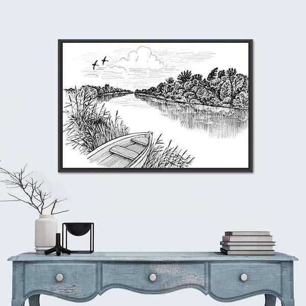Summer River Bank Landscape Canvas Wall Art-1 Piece-Floating Frame-24" x 16"-Tiaracle