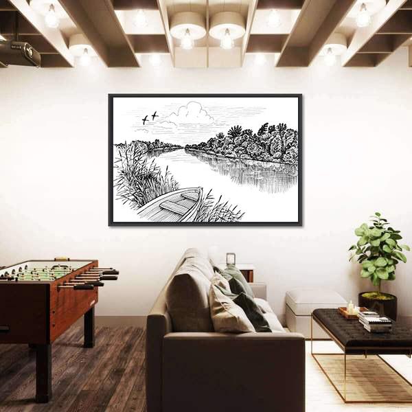 Summer River Bank Landscape Canvas Wall Art-3 Horizontal-Gallery Wrap-25" x 16"-Tiaracle