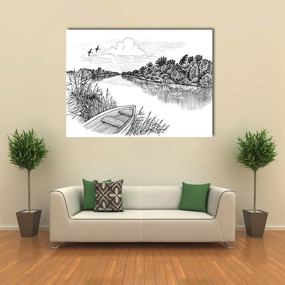 Summer River Bank Landscape Canvas Wall Art-1 Piece-Gallery Wrap-48" x 32"-Tiaracle
