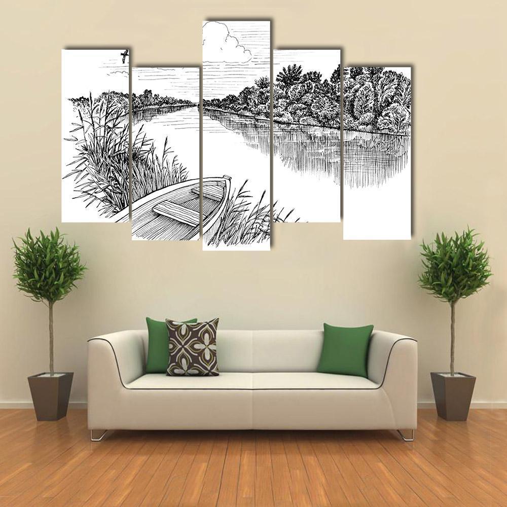 Summer River Bank Landscape Canvas Wall Art-1 Piece-Gallery Wrap-48" x 32"-Tiaracle