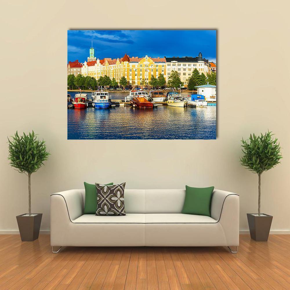 Helsinki Old Town Harbor in Summer Canvas Wall Art in yellow and blue, single panel hung on a wall