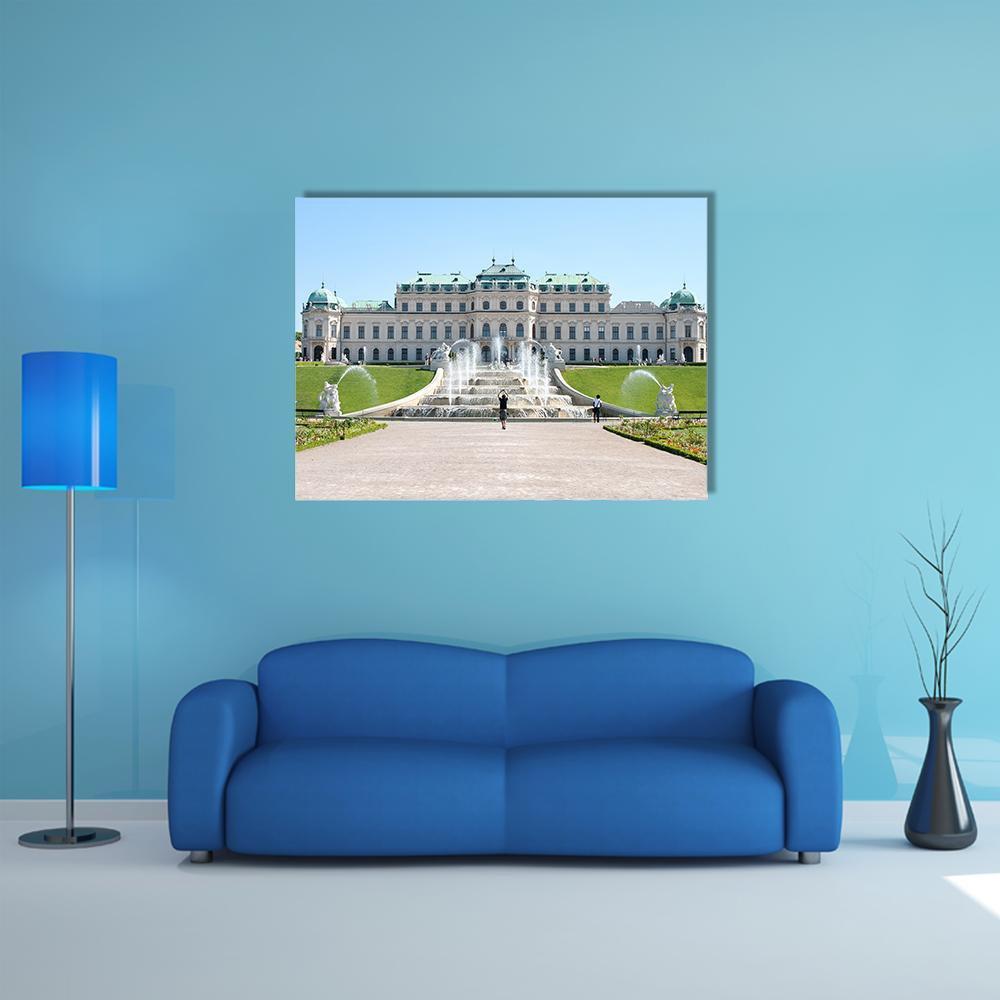 Belvedere Castle in Vienna Summer View Canvas Wall Art in beige, green and blue, single panel hung on a wall