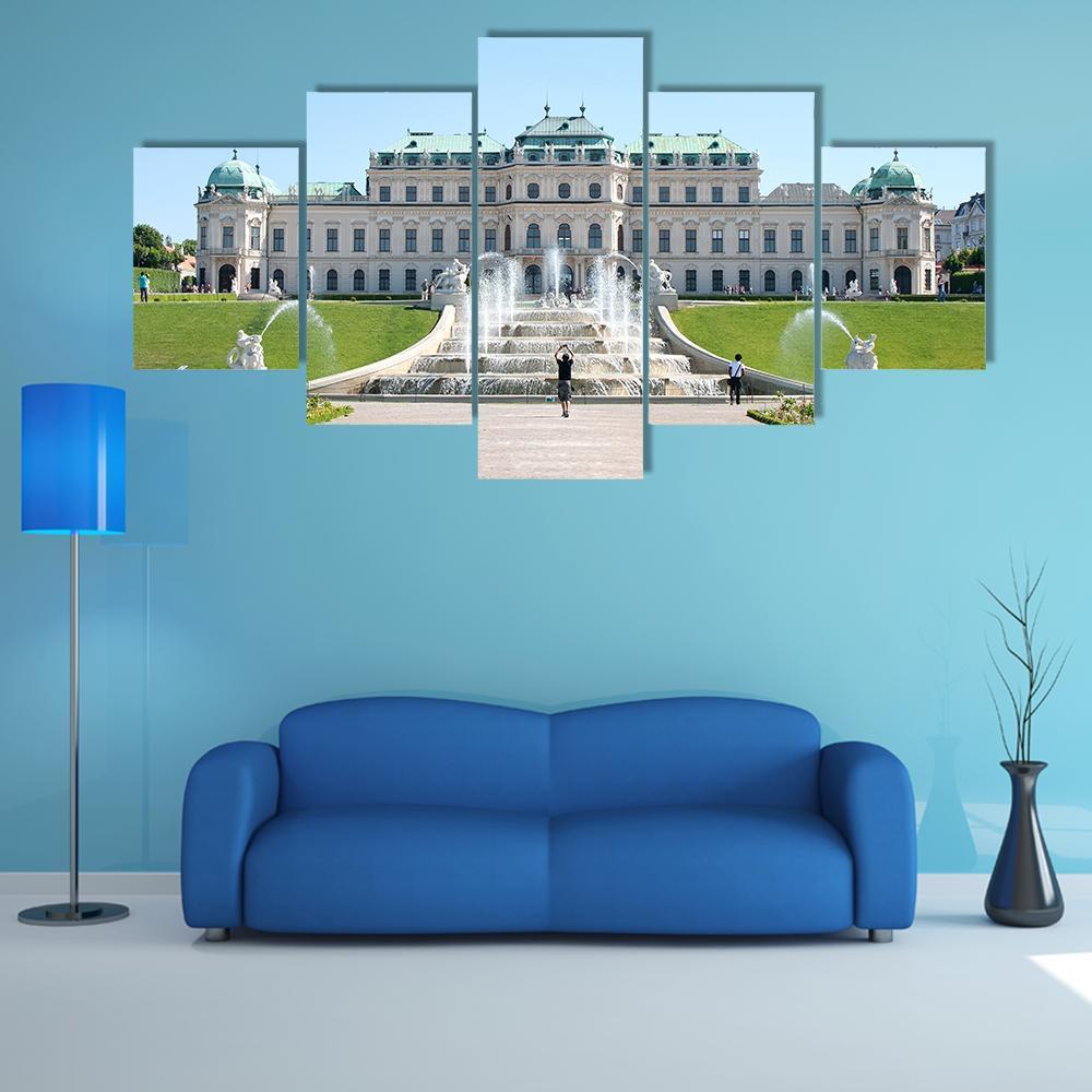 Belvedere Castle in Vienna Summer View Canvas Wall Art in beige, green and blue, 5 panel Star layout hung on a wall