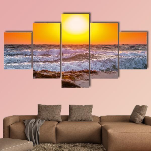 Summer Sunrise Above The Stormy Sea Canvas Wall Art-5 Star-Gallery Wrap-62" x 32"-Tiaracle