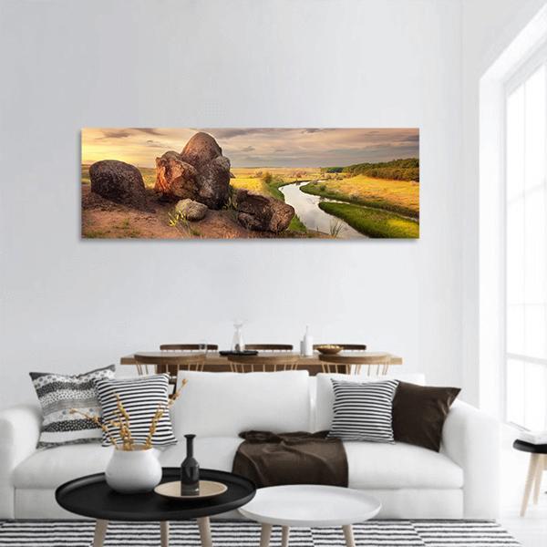 Summer Sunset At River In Ukraine Panoramic Canvas Wall Art-3 Piece-25" x 08"-Tiaracle