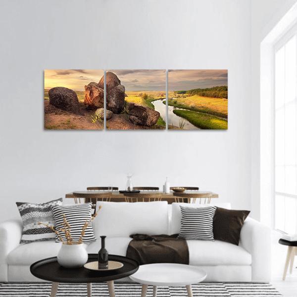 Summer Sunset At River In Ukraine Panoramic Canvas Wall Art-3 Piece-25" x 08"-Tiaracle