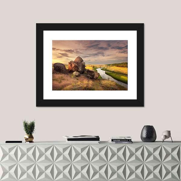 Summer Sunset At The River In Ukraine Canvas Wall Art-1 Piece-Framed Print-20" x 16"-Tiaracle