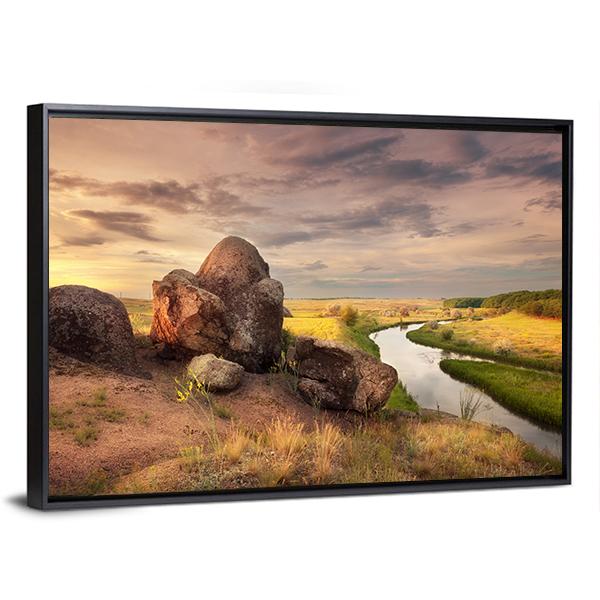 Summer Sunset At The River In Ukraine Canvas Wall Art-3 Horizontal-Gallery Wrap-25" x 16"-Tiaracle