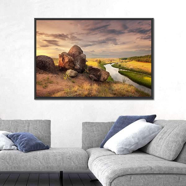 Summer Sunset At The River In Ukraine Canvas Wall Art-3 Horizontal-Gallery Wrap-25" x 16"-Tiaracle