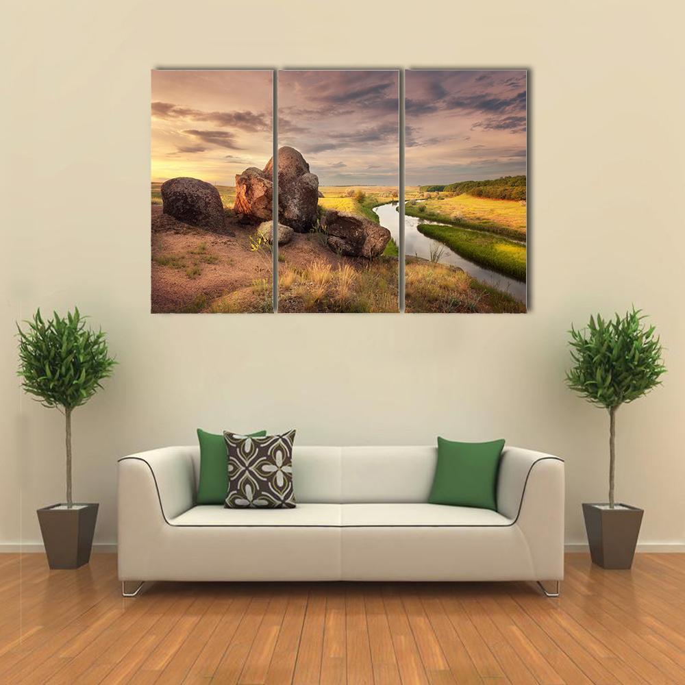 Summer Sunset At The River In Ukraine Canvas Wall Art-3 Horizontal-Gallery Wrap-37" x 24"-Tiaracle