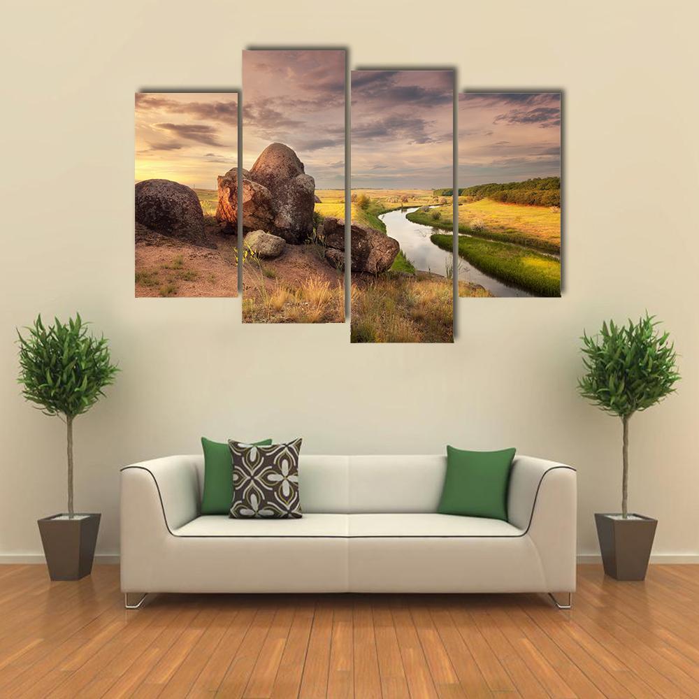 Summer Sunset At The River In Ukraine Canvas Wall Art-4 Pop-Gallery Wrap-50" x 32"-Tiaracle