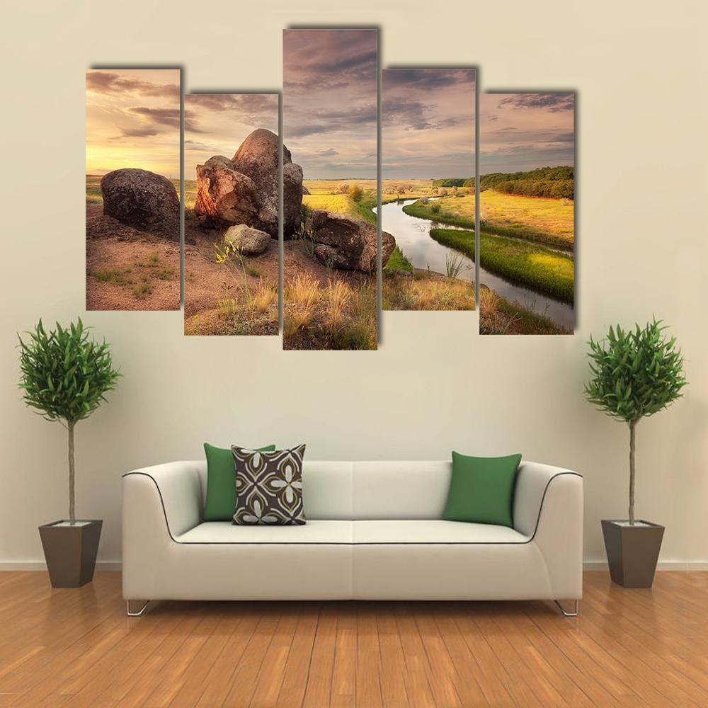 Summer Sunset At The River In Ukraine Canvas Wall Art-5 Pop-Gallery Wrap-47" x 32"-Tiaracle