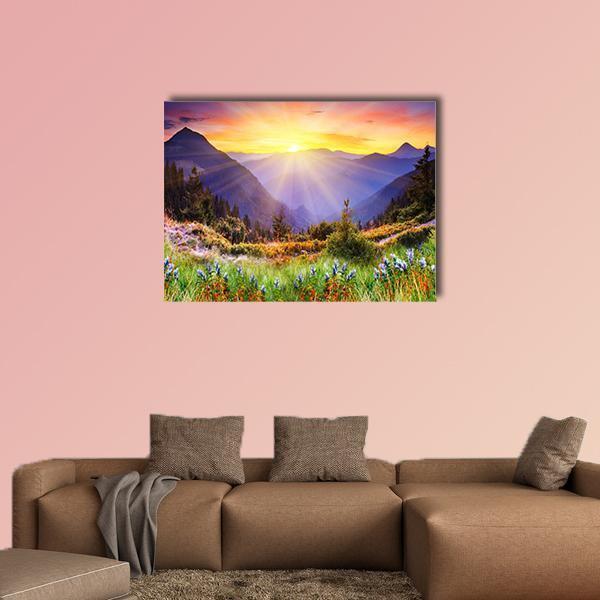 Majestic Sunset Over Mountain Canvas Wall Art-1 Piece-Gallery Wrap-48" x 32"-Tiaracle