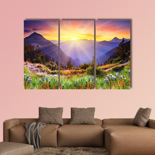 Majestic Sunset Over Mountain Canvas Wall Art-3 Horizontal-Gallery Wrap-37&quot; x 24&quot;-Tiaracle