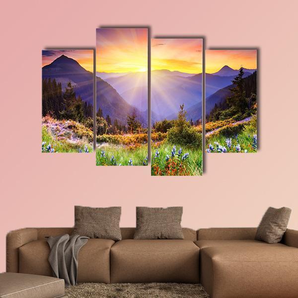 Majestic Sunset Over Mountain Canvas Wall Art-4 Pop-Gallery Wrap-50&quot; x 32&quot;-Tiaracle