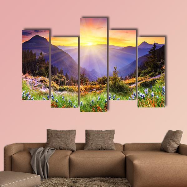 Majestic Sunset Over Mountain Canvas Wall Art-5 Pop-Gallery Wrap-47" x 32"-Tiaracle