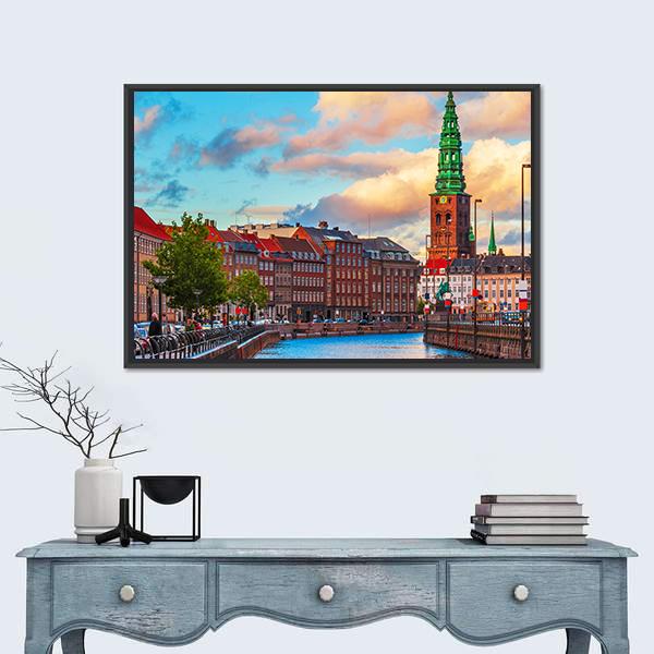 Summer Sunset In The Old Town Of Copenhagen Canvas Wall Art-1 Piece-Floating Frame-24" x 16"-Tiaracle