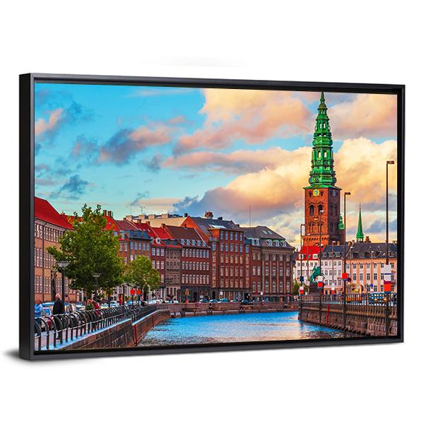Summer Sunset In The Old Town Of Copenhagen Canvas Wall Art-3 Horizontal-Gallery Wrap-25" x 16"-Tiaracle