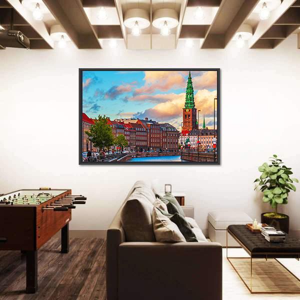 Summer Sunset In The Old Town Of Copenhagen Canvas Wall Art-3 Horizontal-Gallery Wrap-25" x 16"-Tiaracle