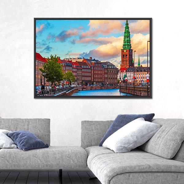 Summer Sunset In The Old Town Of Copenhagen Canvas Wall Art-3 Horizontal-Gallery Wrap-25" x 16"-Tiaracle