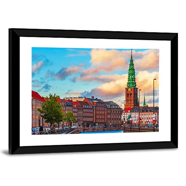 Summer Sunset In The Old Town Of Copenhagen Canvas Wall Art-3 Horizontal-Gallery Wrap-25" x 16"-Tiaracle