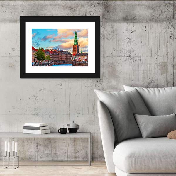 Summer Sunset In The Old Town Of Copenhagen Canvas Wall Art-3 Horizontal-Gallery Wrap-25" x 16"-Tiaracle
